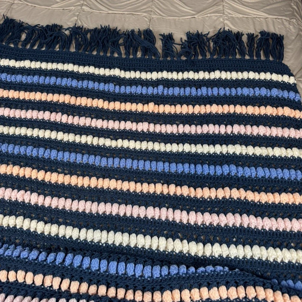 Vtg Colorful Fringe Bobble Crochet Knit Heavy Blanket Afghan 76